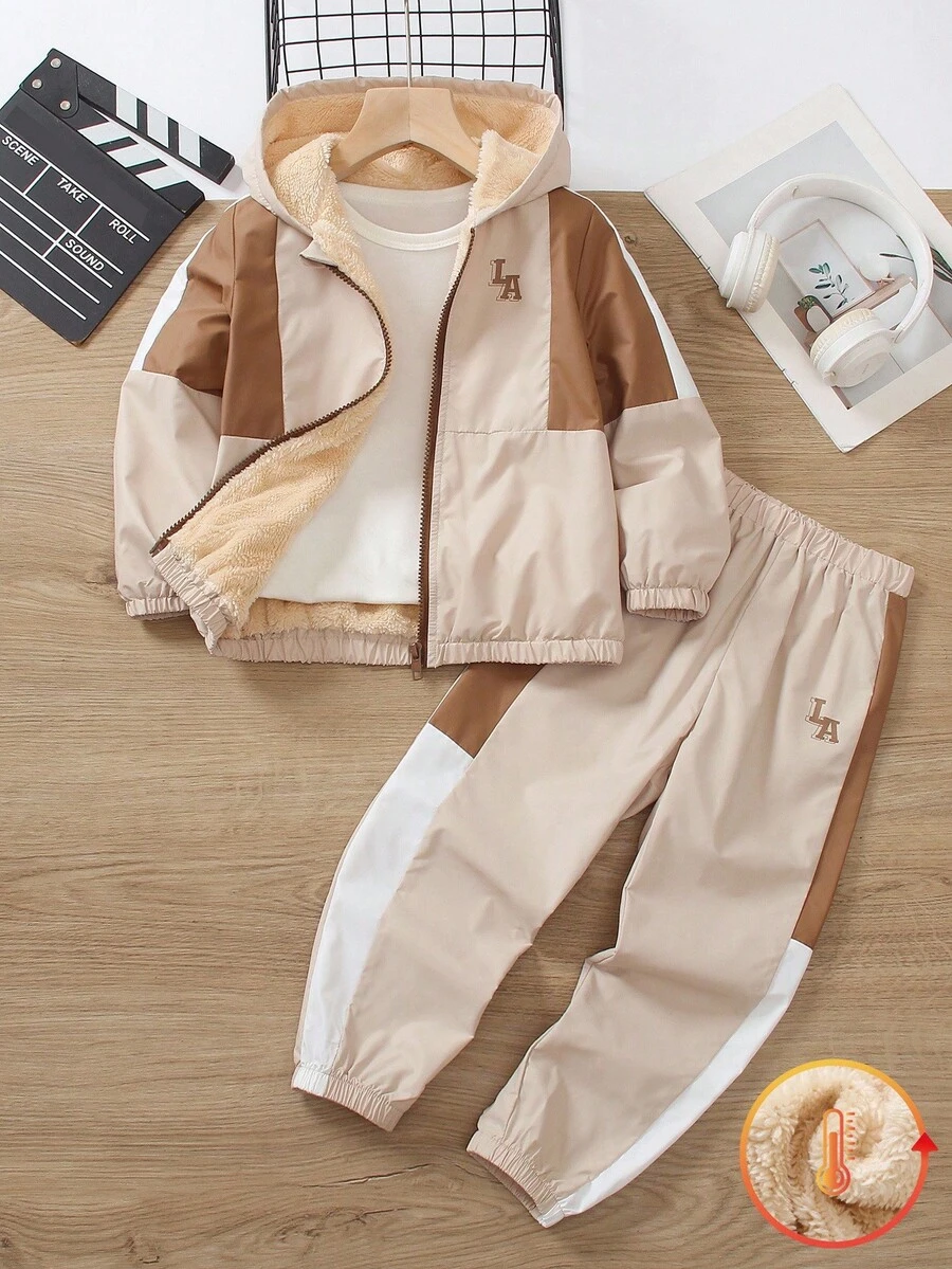 SHEIN Genkimix Kids 2 件套休闲运动羊毛连帽衫和裤子，适合日常穿着、上学、运动、户外活动、秋冬季