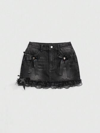 Grunge Punk Minifalda de mezclilla ajustado con lazo de encaje estilo lindo y kawaii para mujeres
