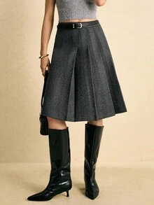 Poéselle Women's Skirts, Tweed Skirts, Asymmetrical Design, Gray Midi Skirts, Women's Bottoms, Warm Women's Casual Commuter Collegiate Style Zip-Up Pleated Knee-Length A-Line Skirt, Autumn/Winter (Belt Not Included) Women's Bottoms Long Skirts Fall Clothes For Women Autumn Outfits For Women Winter Clothes For Women Women's Winter Clothes