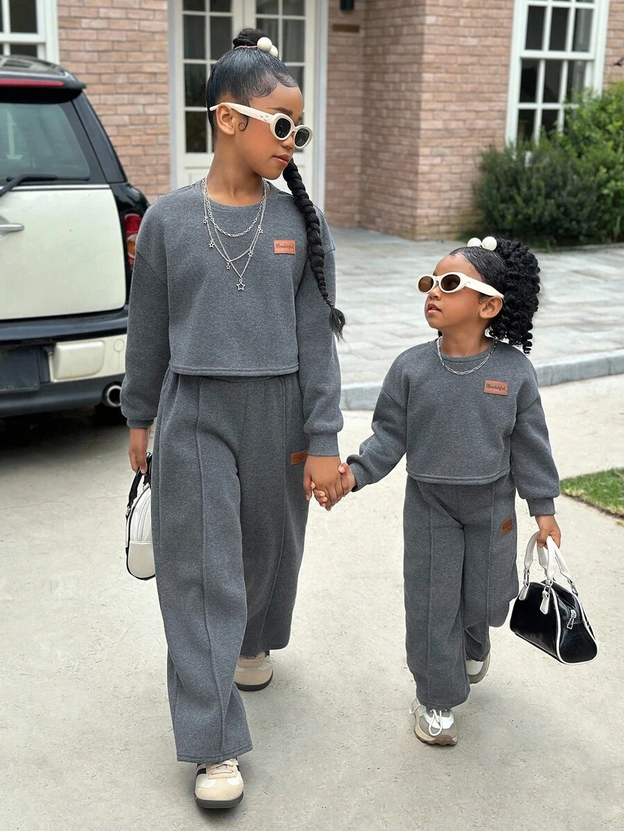 Tween Girl Casual Loose Drop Shoulder Patched Long Sleeve Sweatshirt And Pleated Long Pants Set, Suitable For Home, Outdoor, And School, Grey. Sibling Matching Outfits (2 Pieces Sold Separately) Autumn Clothing Fall Winter - Dark Grey - View 1