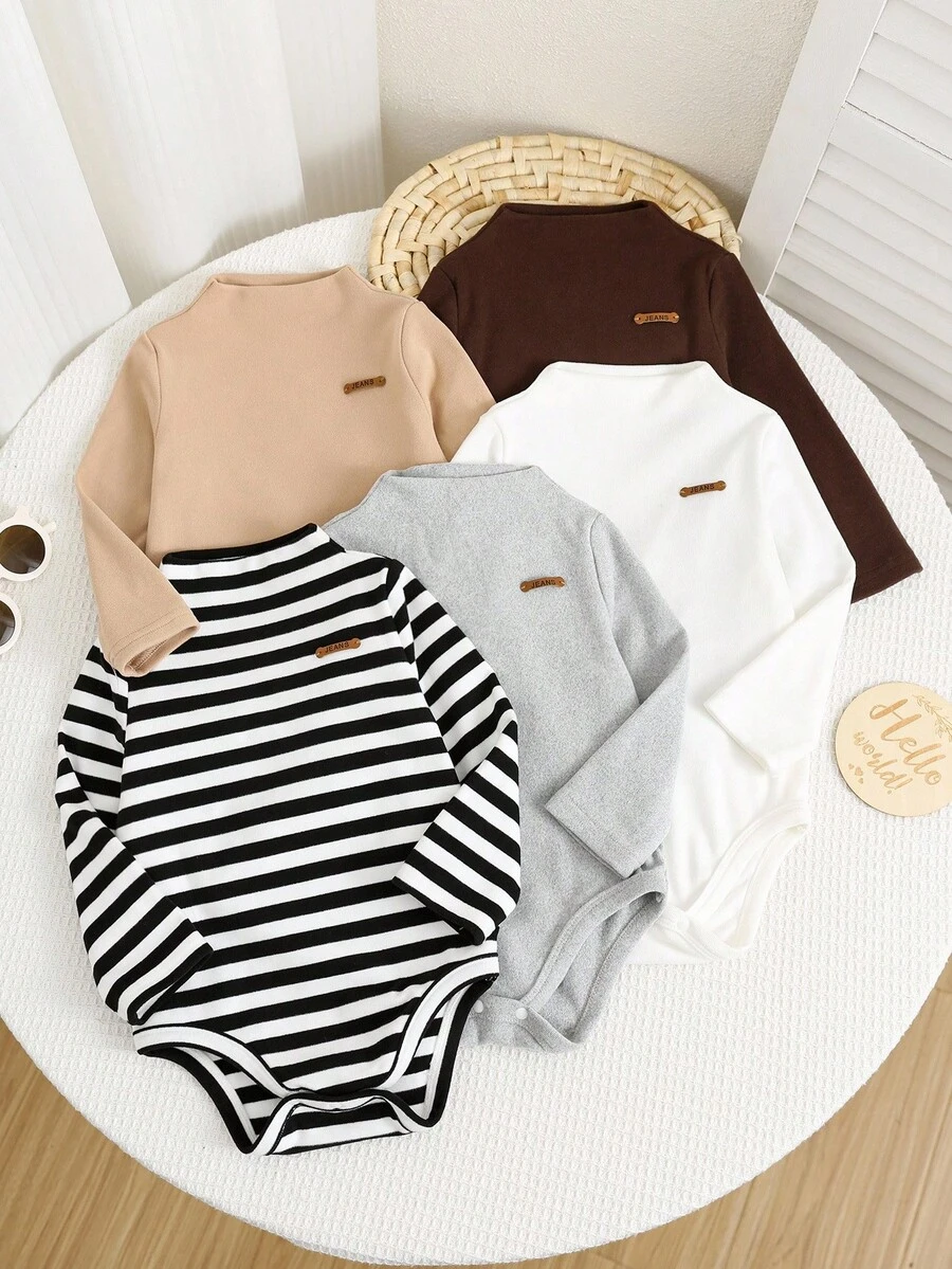 SHEIN 5pcs/Set Newborn Baby Unisex Striped Long Sleeve Rompers, Casual Knitted Basic Bodysuits, Autumn/Winter Baby Clothes Fall
