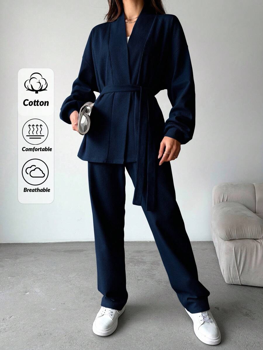 SHEIN Tall Cotton Tall Cottnline Drop Shoulder Belted Coat & Pants - Navy Blue - View 1