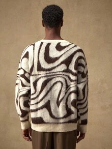 AKNOTIC Business Casual Men's Contrast Color Round Neck Drop Shoulder Casual Knit Cardigan Sweater , Fall Winter - Apricot - View 5