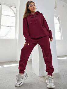 EURMUSE Sudadera con capucha y pantalón de chándal con bordado de letra, hombros caídos y cordón ajustable, de algodón - Burdeos - Ver 6