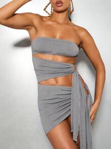 SUMWON WOMEN Ruched Side Cut Out Mini Dress Bandeau Jersey Draped Detail Party Club Night Out Sleeveless Contemporary Design High Fashion Spring Summer Festival Dress