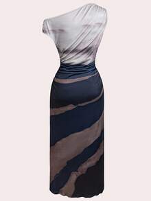 Chiquease Vestido largo ajustado sin mangas con cuello asimétrico con volantes y abertura - Azul - Ver 2