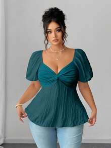 Rometta 大码女式优雅针织短袖提花胸围扭纹细节白色T恤 - 水鴨藍 - 查看 8