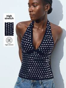 Maija Women's Navy Blue Halter Crop Top, Versatile Urban Style For Parties, Casual, Business, And Streetwear, Autumn Casual Blouse For Women Party Outfit Autumn Outfits For Women Halloween Costume Women New Year