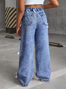 SHEIN 青少年女孩 Y2K 时尚石洗宽松牛仔直筒牛仔裤，带蝴蝶结装饰口袋，女孩秋季服装返校装 - 中等水洗藍 - 查看 2