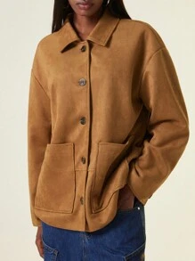 Aveloria Affinna Chaqueta holgada de manga larga con diseño de bolsillo grande y solapa, de material de lujo vintage y elegante para el transporte