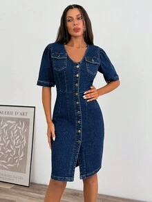EURMUSE Women's Short Puff Sleeve Single-Breasted Fitted Elegant Denim Dress Long Sleeve Denim Dress Button Down Denim Dress Denim Dress Women Jeans Dress - Dark Wash - View 5