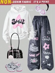 SHEIN Streecool Kids 2pcs/Set Teen Girl Hoodie Sweatshirt & Printed Pants Set Fall Winter
