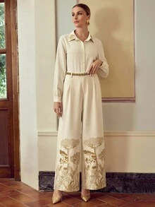 ZEYLAH Women's Autumn Embroidery Design Long Sleeve Single-Breasted Elegant Shirt Fall Cloth For Women - Apricot - View 5