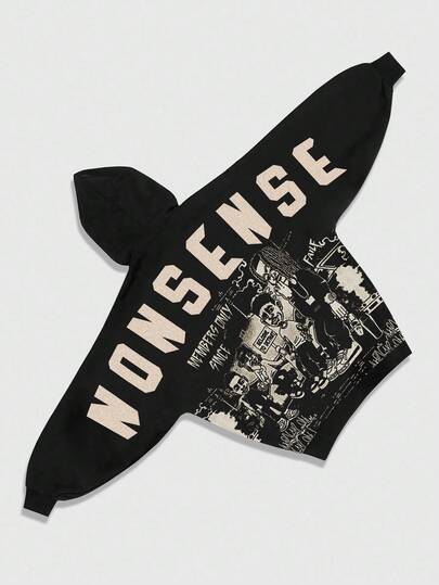 Street Life Men's Letter Print Long Sleeve Drawstring Hooded Casual Sweatshirt, Autumn