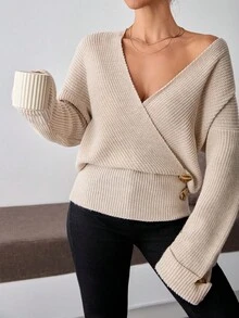 EURMUSE Women's Autumn V-Neck Dropped Shoulder Long Sleeve Metal Button Design Fashion Off Sweater Top Jumper Apricot Christmas Ladies Brunch Casual - Beige - View 5