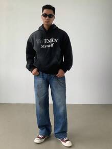 DAZY 男士字母印花水洗黑色连帽衫，街头风格，秋季 - 黑色 - 查看 3