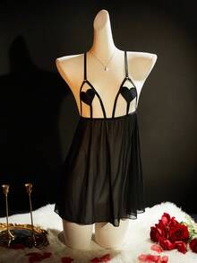 SpicyHot Women's Heart Cutout Mesh Patchwork Spaghetti Strap Sexy Nightgown, Going Out