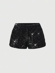 ROMWE Grunge Punk Shorts mini con lentejuelas brillantes de talle súper bajo sexy para mujer, adecuados para verano, playa, graduación, Pascua, concierto, vacaciones en Nashville, baile de graduación, estilo punk callejero, festival de música