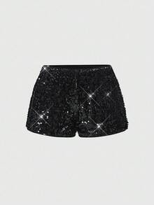 ROMWE Grunge Punk Shorts mini con lentejuelas brillantes de talle súper bajo sexy para mujer, adecuados para verano, playa, graduación, Pascua, concierto, vacaciones en Nashville, baile de graduación, estilo punk callejero, festival de música