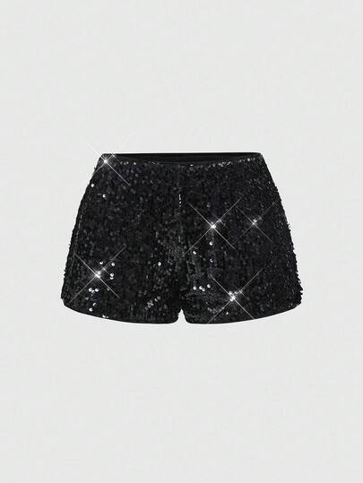Grunge Punk Plus Size Fashionable Party Black Sequin Shorts
