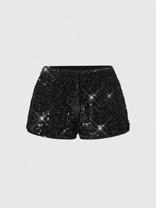 ROMWE Grunge Punk Shorts mini con lentejuelas brillantes de talle súper bajo sexy para mujer, adecuados para verano, playa, graduación, Pascua, concierto, vacaciones en Nashville, baile de graduación, estilo punk callejero, festival de música
