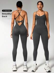 Easithlete Women's Backless Halter V-Neck Criss-Cross Seamless Jumpsuit Sports Pants