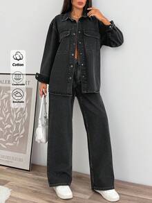 EURMUSE 100%Cotton Women Oversize Suit Denim Casual Style - Grey - View 2