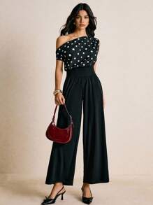 Poéselle 休闲时尚不对称领腰喇叭腿女式连体裤 - 黑與白 - 查看 1