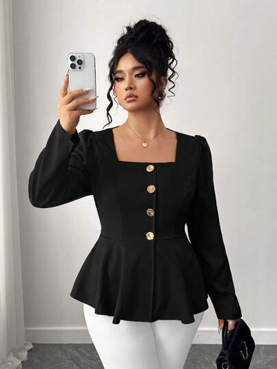 Elenzga 大码女式纯色方领泡泡袖单排扣优雅腰衬衫