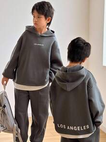 SHEIN 青少年男孩休闲韩版宽松字母印花长袖连帽衫和松紧腰裤套装，适合秋季/春季、户外玩耍、学校、街头风格、派对和休闲