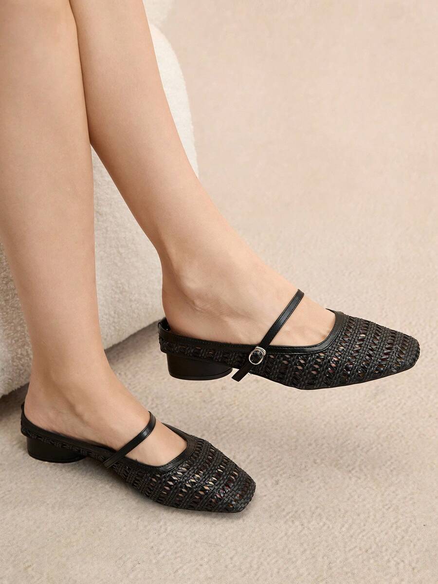 Rosivie Women's Woven Square Toe Chunky Heel Slide Sandals - Black - View 1