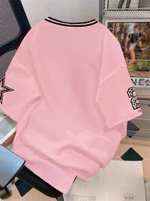 SHEIN Camiseta holgada de punto con estampado de leopardo y estrella 23, estilo deportivo y casual para adolescentes, estilo minimalista adecuado para el verano - Multicolor - Ver 2