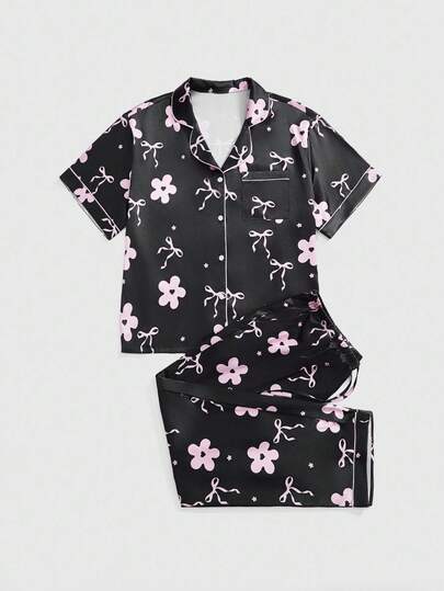 Kawaii Ensemble de pyjama à manches courtes avec imprimé floral et nœud, grande taille. Confortable et décontracté pour l'été
