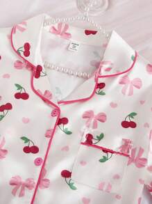 2pcs Summer Pajama Set For Women, Thin Bowknot, Cherry & Heart All-Over Print Short Sleeve Top And Shorts
