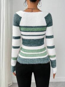 EMERY ROSE Women's Striped Square Neck Long Sleeve Fitted Sweater, Autumn Fall Winter Cloth For Women - Multicolor - View 2