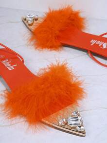 Sandalias planas de punta cerrada de peluche tobillo envolvente - Naranja - Ver 2