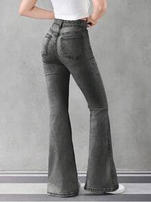 Sparklyn 少女休闲时尚百搭水洗浅蓝色喇叭牛仔裤 - 深灰色 - 查看 2