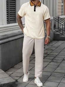 Manfinity CasualCool 大码男式夏季休闲商务撞色条纹纹理针织 Polo 衫 - 杏色 - 查看 4
