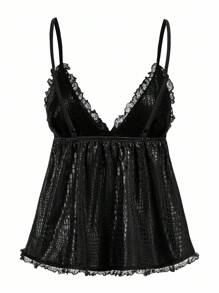 Shutterstock Y2Kool Black, Crocodile Embossed, Lace Patchwork, Metal Cross, Goth, Halloween, Street Style, Sexy, Casual Women Camisole Tank Top, Suitable For Summer, Autumn, Vacation, Gathering, Party, Daily Wear Black Babydoll Top Gothic Top Black Lace Cami Top Black Gothic Top Black Lace Trim Top Gothic Bathing Suit Gothic Tops Gothic Summer Clothes Sequin Romper Y2K Clothes Matching Idea Stylish Clothing Collection New Year Outfits