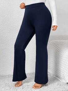 SHEIN Frenchy Plus Size Solid Color High Waist Slim Fit Casual Pants For Women Bell Bottom Pants Flared Pants Navy Blue Pants Flare Leg Pants Bootcut Pants - Navy Blue - View 4