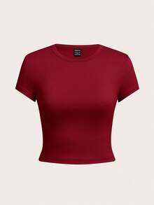 SHEIN EZwear Bộ 4 áo thun bodycon cổ tròn tay ngắn cho nữ, mặc thường ngày mùa hè - Nhiều màu - Xem 4