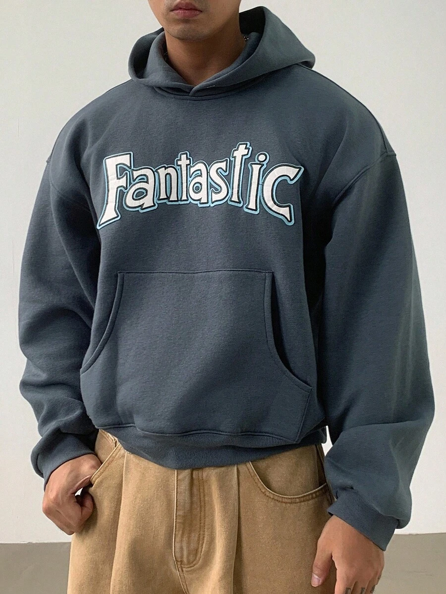 DAZY Herren Thermofutter Kurz-Hoodie mit Buchstaben-Stickerei, Streetwear Stil, Herbst/Winter - Blau - Übersicht 1