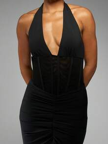 MISSGUIDED Halter Neck Corset Maxi Dress Ruched Evening Gown Fitted Bodycon Mesh Panel Party Dress Floor Length Elegant Formal Special Occasion Gown - Black - View 5