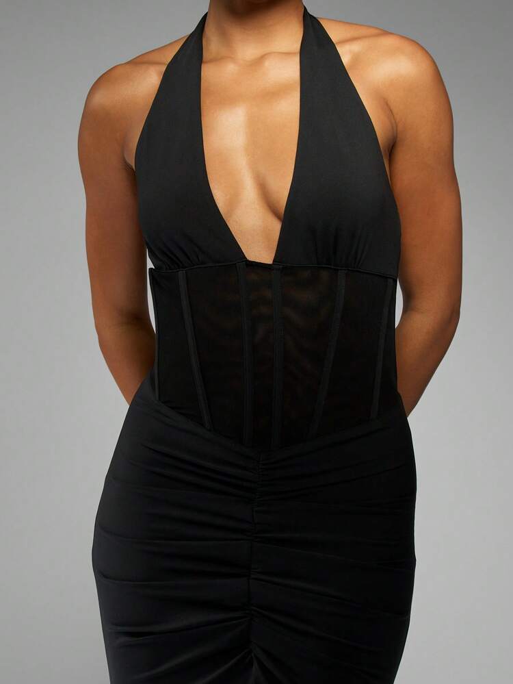 MISSGUIDED Halter Neck Corset Maxi Dress Ruched Evening Gown Fitted Bodycon Mesh Panel Party Dress Floor Length Elegant Formal Special Occasion Gown