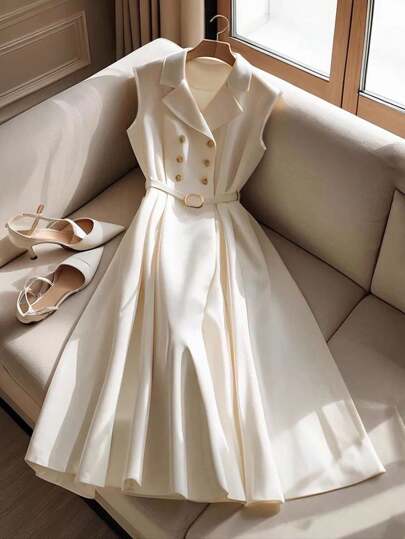 GlowEve 女士优雅通勤纯色双排扣无袖中长连衣裙