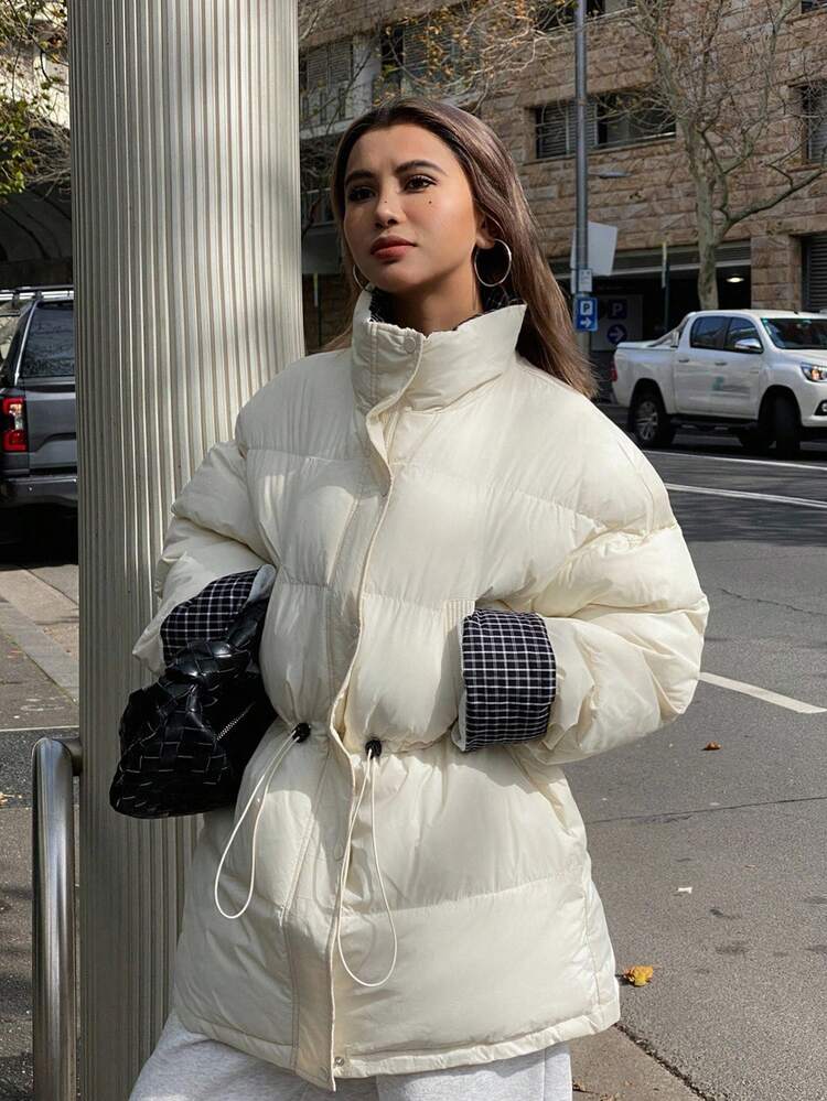 Contrast Color Loose Long Sleeve Cinched Waist Casual Thick Padded Coat For Women, Autumn/Winter Jacket
