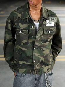 Manfinity EMRG Herr Långärmad College Style Urban Street Fashion Camouflage Loose Jeansjacka, Höst - Armé Grön - Visa 5