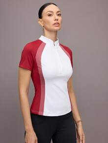 Activina 女式撞色插肩短袖纽扣半襟马术上衣 - 紅白色 - 查看 5
