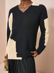 Zivah 2025 Autumn/Winter New Elegant Party, Formal Occasion, Daily, Date, Work Commute Versatile V-Neck Long Sleeve Loose Women Pullover Sweater Top - B - Black and White - View 6