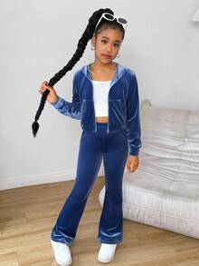 SLAYR Tween Girl Tween Velvet Rhinestone Pocket Hooded Zip-Up Sweatshirt And Slim Flare Pants Casual Elegant 2 Pieces Set Fall Winter Blue Two Piece Set Bow 2 Piece Set - Blue - View 4